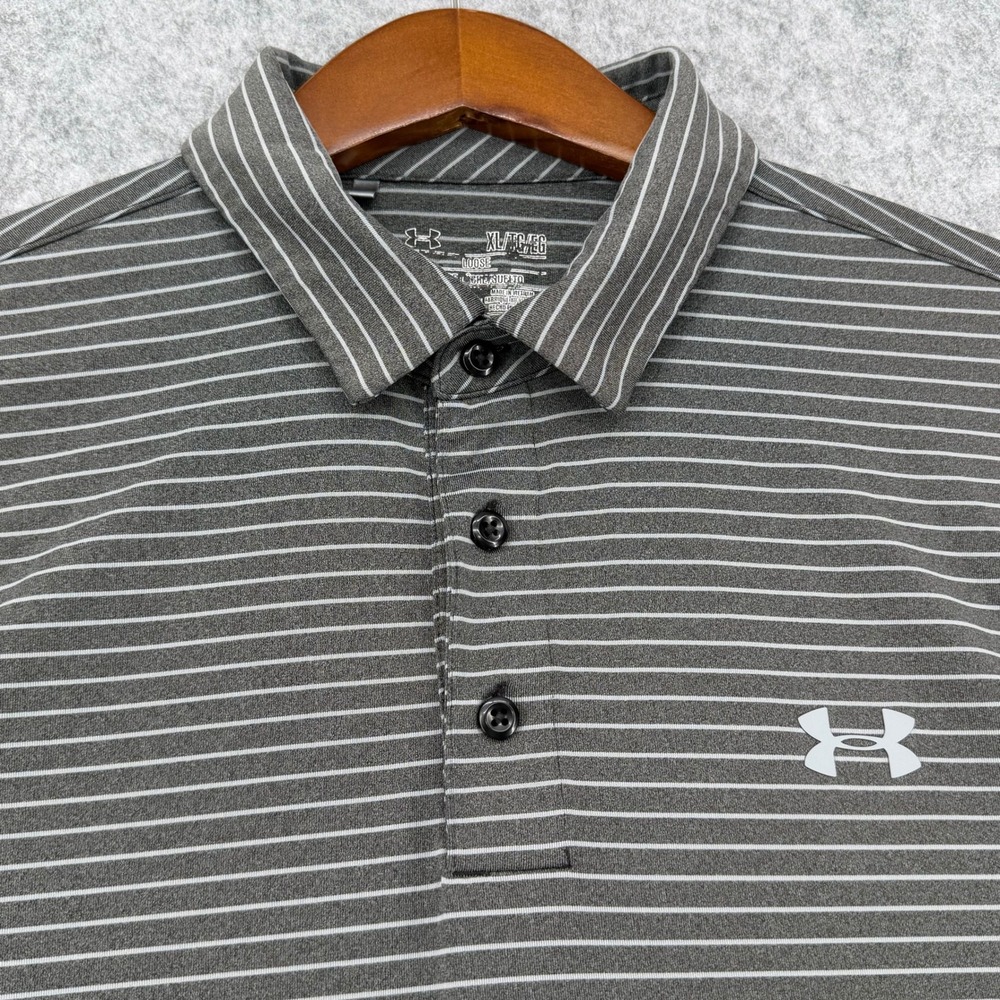 Under Armour Mens XL HeatGear Polo Shirt Gray Striped Loose Fit Golf Top - Picture 3 of 10